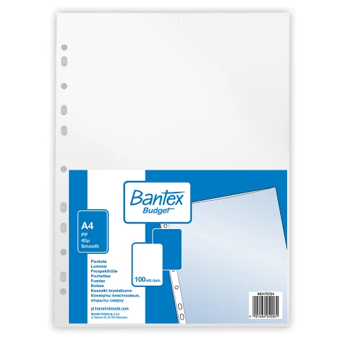 koszulki A4 krystaliczne 40mic Bantex w folii