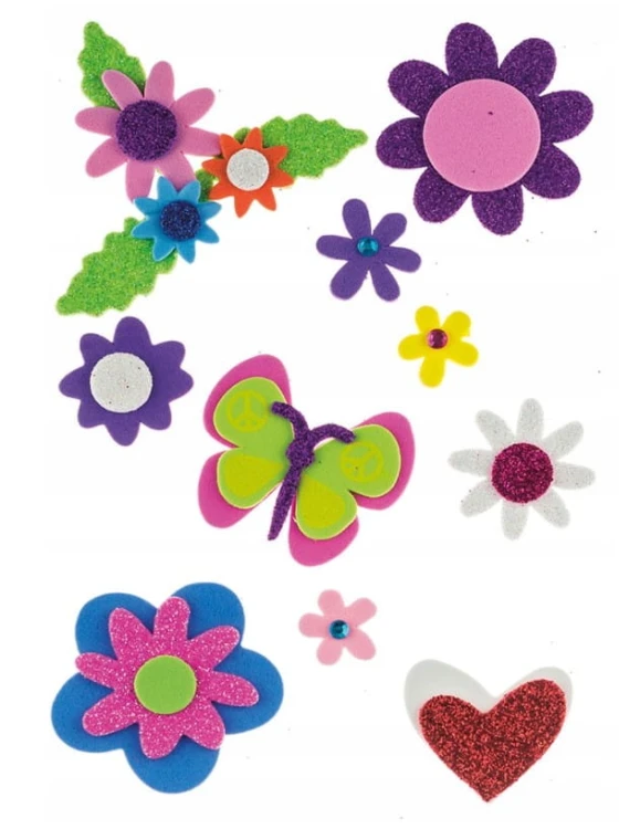 aklejki z pianki kwiatki,motylki brokatowe (11szt ) PVC102 Brewis.jpg